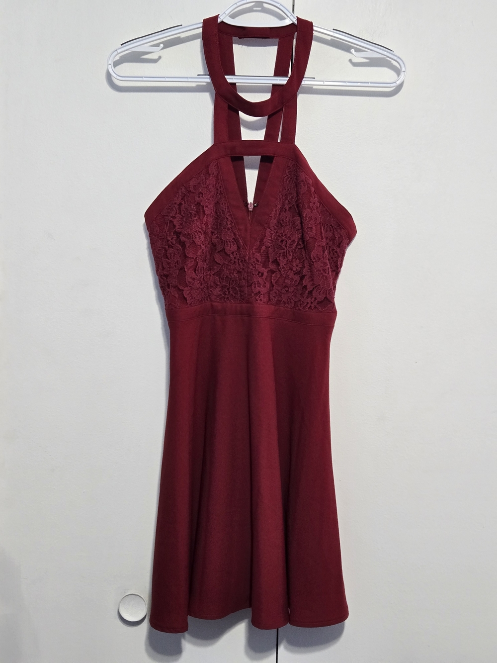 Lulus Burgundy Lace Halter Skater Dress XS Fit Flare Party Dress